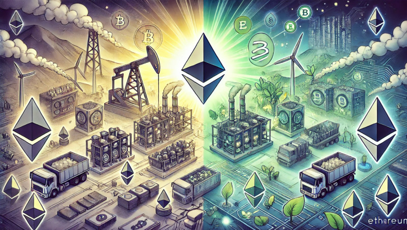 контраст между энергозатратным майнингом и более экологичной моделью Proof of Stake