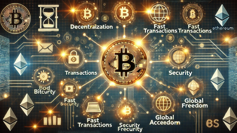 the illustration shows key benefits and unique aspects of cryptocurrencies