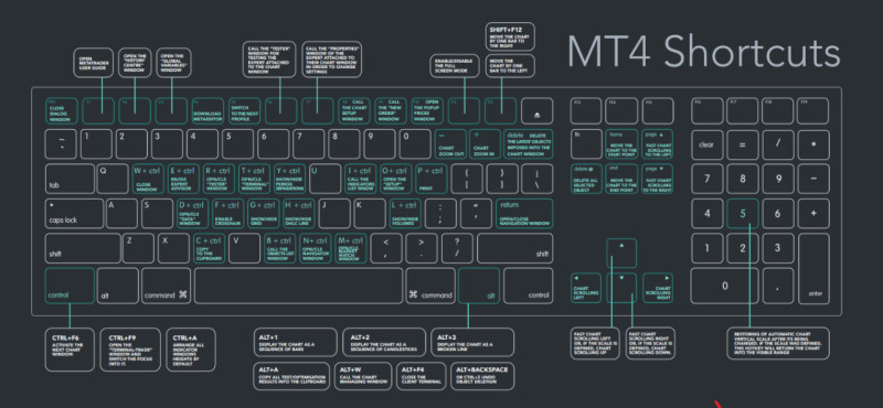 на иллюстрации демонстрируются “горячие” клавиши и их комбинации, применяемые в торговом терминале MT4