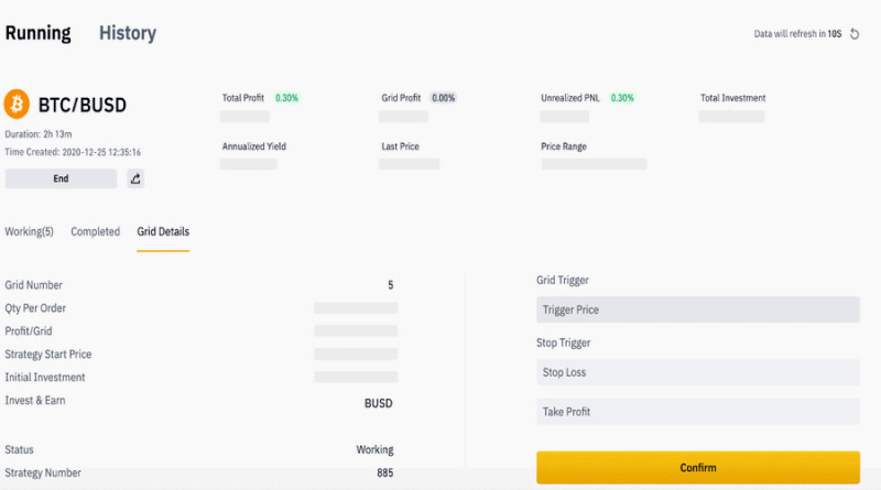 During grid trading you can see all the information about the orders