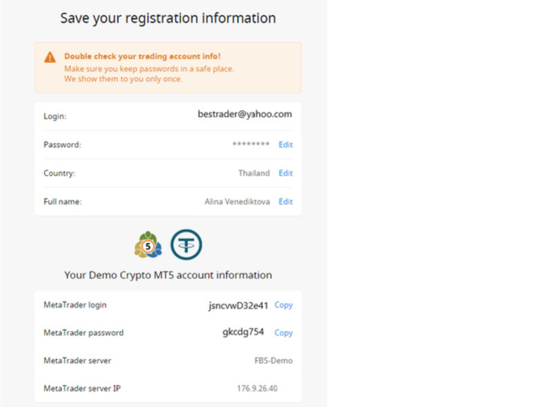 the image shows what the registration form for creating a demo account looks like, you only enter your login, password, email address and name