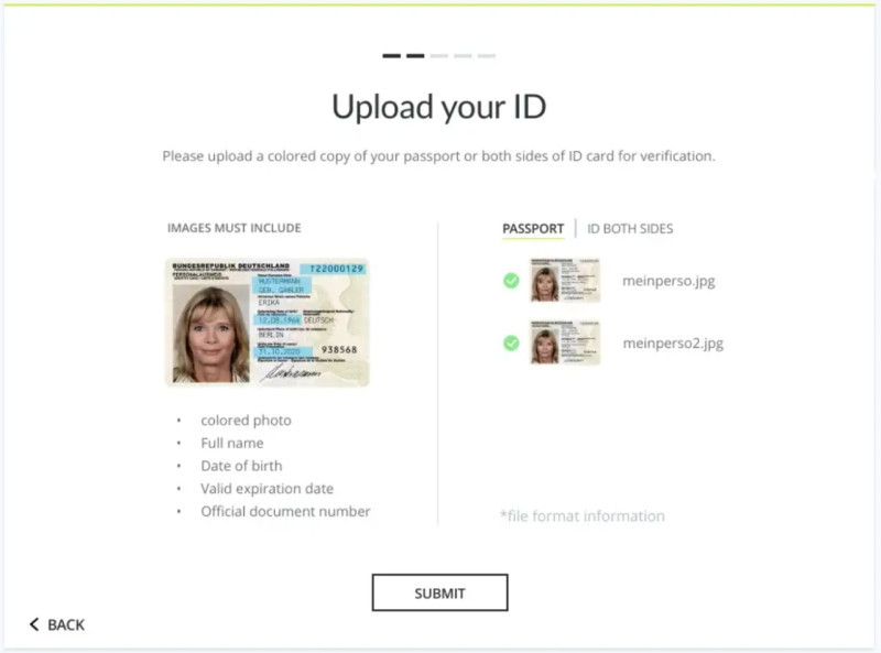 the illustration shows the download page of the document confirming the identity of the trader, indicating all the requirements for the document