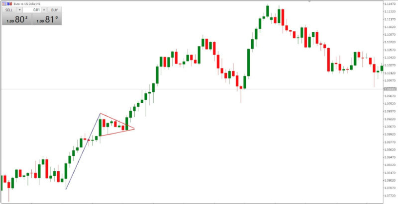 The illustration shows how the chart looks during the formation of a flag-shaped consolidation.