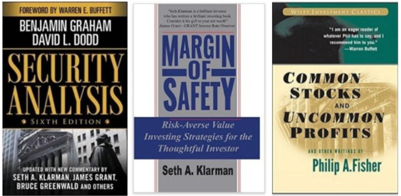 The illustration shows the covers of the most well-known books on stock market analysis.