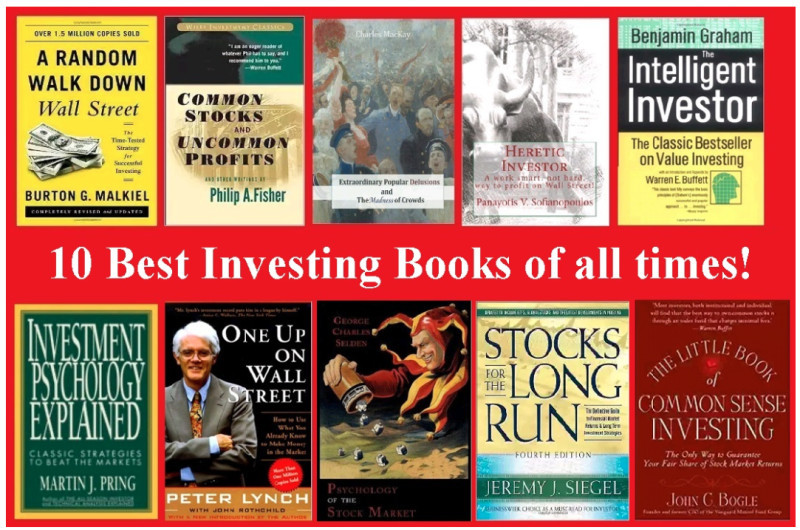 The image displays the covers of the most famous books about investing.