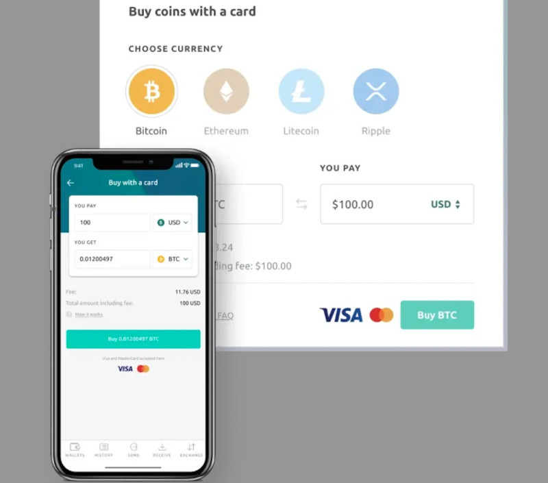 The image shows how to buy cryptocurrency using a mobile app.