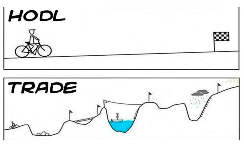 The illustration demonstrates the difference between hodling and trading in cryptocurrencies.