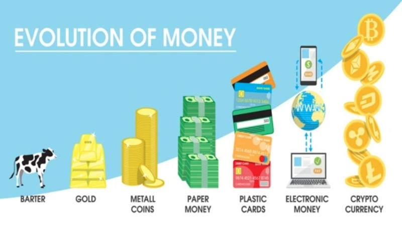 The illustration shows the history of the development and evolution of money.