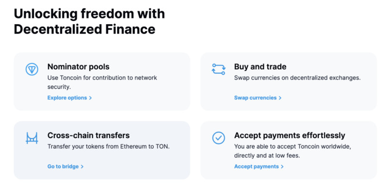 The image demonstrates the main features of the TON cryptocurrency 