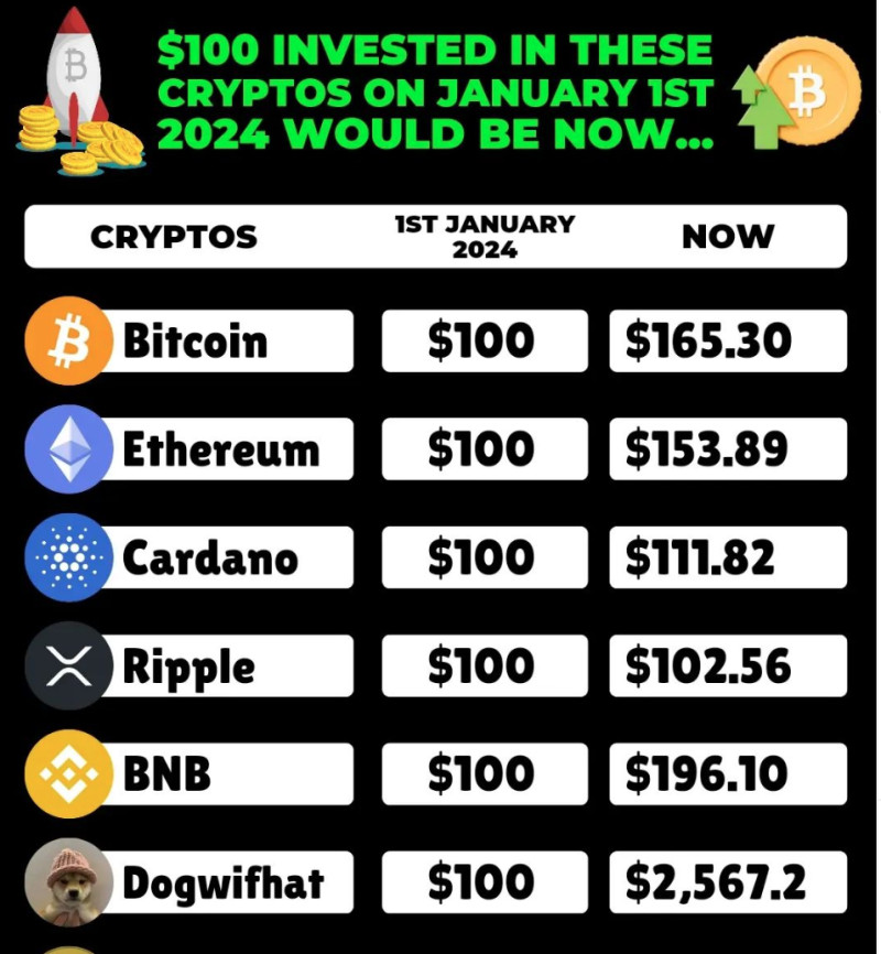 на изображении демонстрируется, как со $100 первоначальных вложений можно увеличить капитал на разных криптовалютах за несколько месяцев 