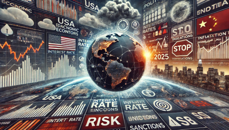 Глобус с наложенными символами экономических и политических рисков