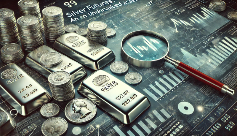 серебряные слитки и монеты на фоне торговых графиков