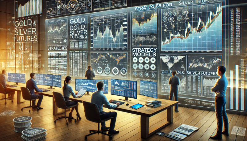 трейдеры исследуют фьючерсы на золото и серебро через графики, схемы и стратегические панели