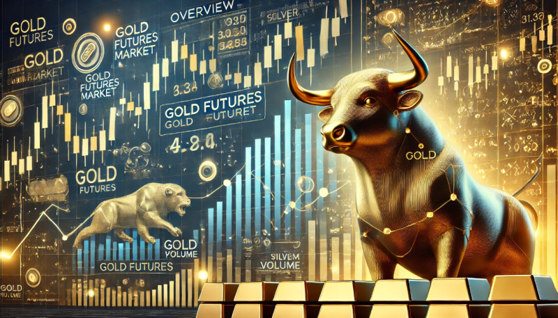 символические фигуры быка и медведя на фоне золотых слитков и бегущей строки с котировками