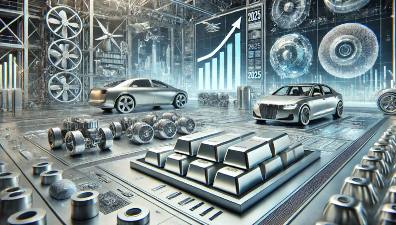 блестящие слитки алюминия и детали высокотехнологичных конструкций на фоне электромобилей