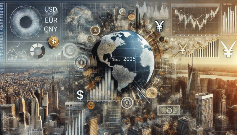 цифровые графики, валютные символы, силуэты финансовых мегаполисов и глобус